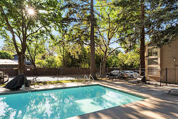 Swimming pool surrounded by mature trees and metal fencing at Redwood Cove Apartments, Chico, CA