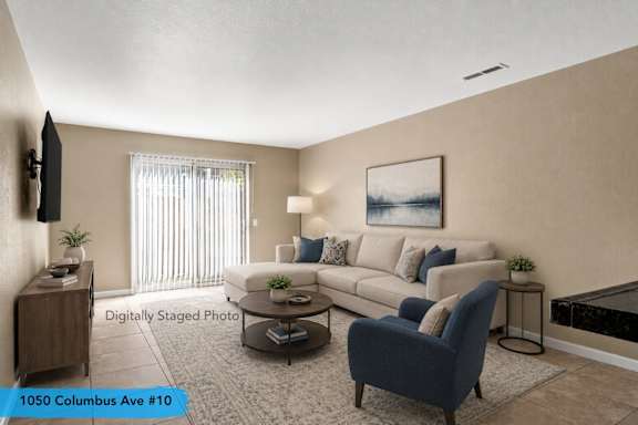 Digitally staged living room with modern furnishings at Cedar Park Apartments, Chico