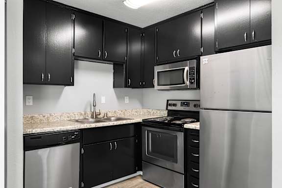Kitchen with black cabinets at OSM Properties Homes & Apartments, California