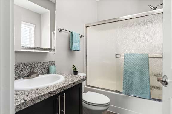 Third bedroom attached, private bathroom. Shower with frosted glass doors, toilet, towel bar above toilet, granite vanity with a single sink. Medicine cabinet mirror mounted above sink. Vinyl plank floor.