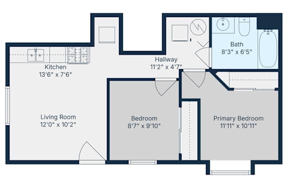 2D floor plan with two bedrooms and one bathroom at Redwood Cove Apartments, Chico, 95928