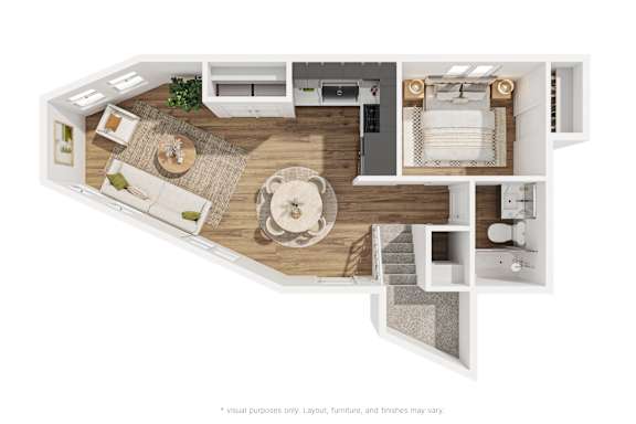One bed one bath 3D floorplan at OSM Properties Homes & Apartments, Chico, CA 95926