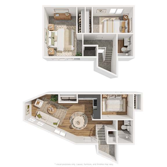 Two bed two bathroom 3D floorplan at OSM Properties Homes & Apartments, Chico, 95926
