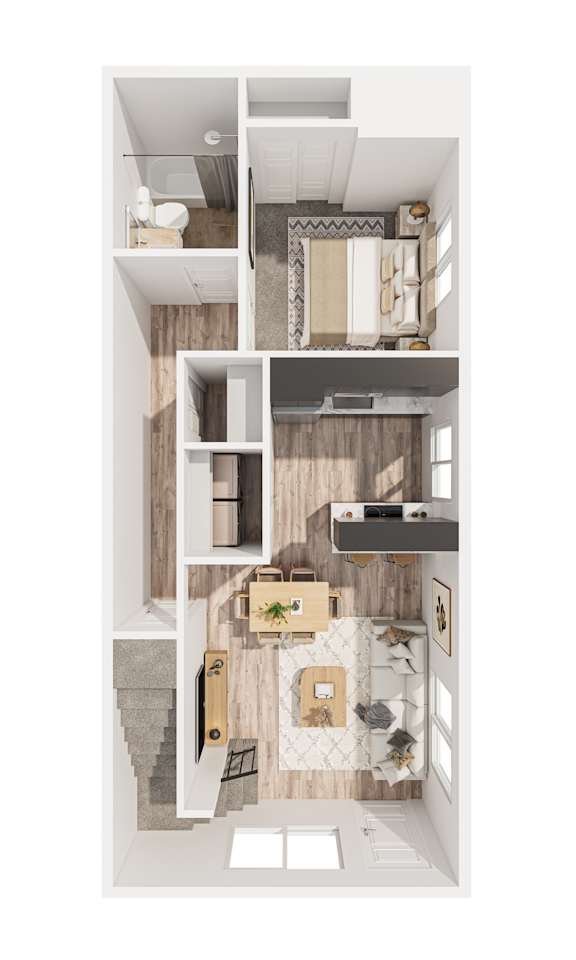 One bedroom 1 bath 3D floorplan at OSM Properties Homes & Apartments, Chico, CA 95926
