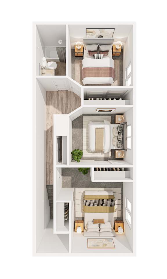 Two bed one bathroom 3D floorplan at OSM Properties Homes & Apartments, Chico, CA