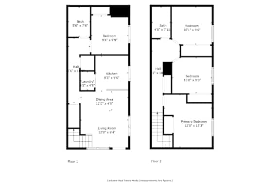 Two story floor plan layout with dimensions at OSM Properties Homes & Apartments, Chico, 95926