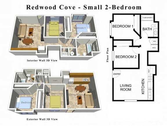 2 Bedroom Floor Plan at Redwood Cove Apartments, Chico