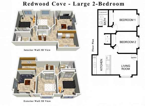 2 Bed 2 Bath Floor Plan at Redwood Cove Apartments, California