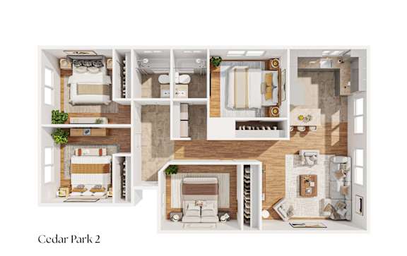 3D floorplan with three bedrooms and two bathrooms at Cedar Park Apartments, Chico, CA