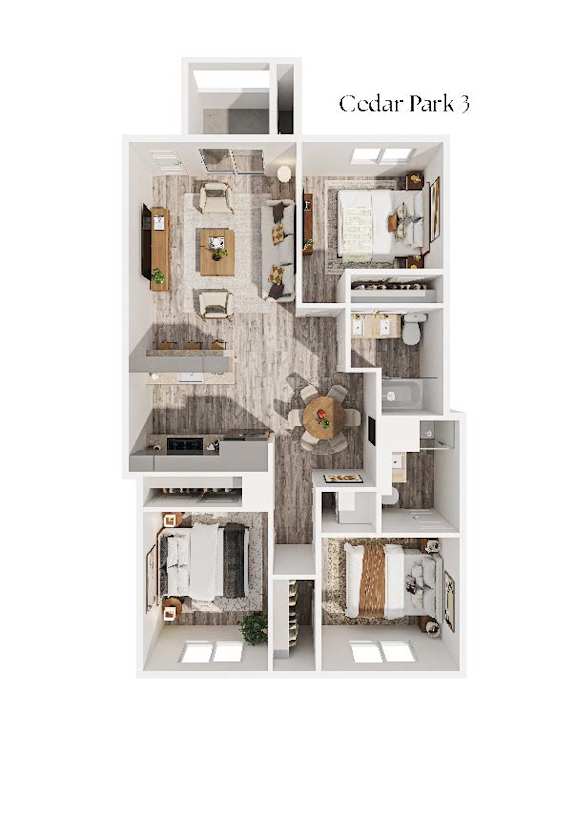 3D floorplan with open living space and bedrooms at Cedar Park Apartments, Chico, 95926