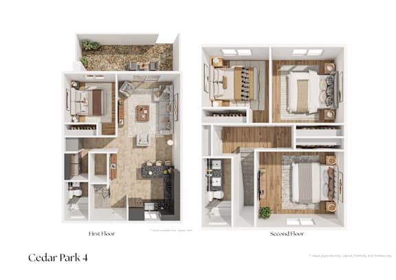 Two story floorplan with furnished rooms layout at Cedar Park Apartments, Chico, California