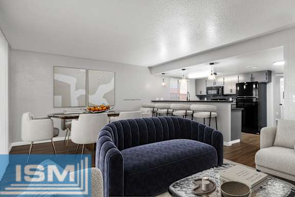 Open concept living dining and kitchen with modern furnishings at Redwood Cove Apartments, Chico