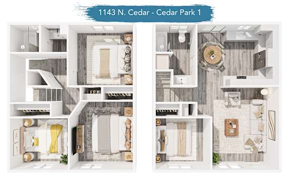 A floor plan of a four bedroom apartment at Cedar Park 1.
