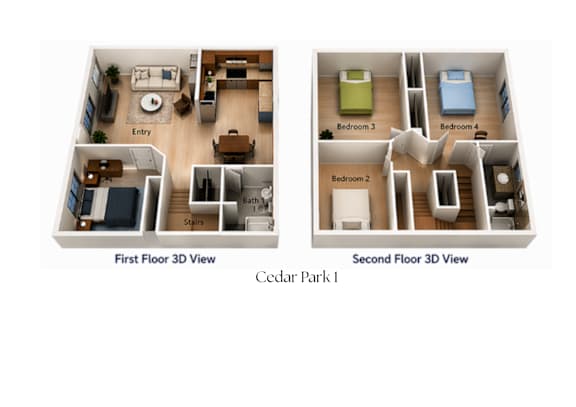 Two story 3D floorplan with four bedrooms at Cedar Park Apartments, Chico