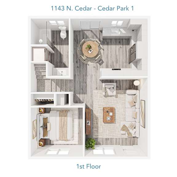 A 3D floor plan of a one-bedroom apartment in Cedar Park.