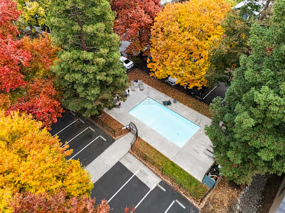 Aerial view of pool deck with autumn foliage at Redwood Cove Apartments, Chico, 95928