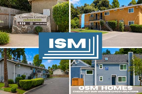 Collage of apartment buildings and company logo at OSM Properties Homes & Apartments, California