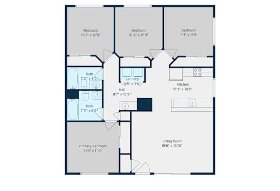 4 Bedroom 2 1/4 bathroom apartment A floorplan with dimensions of a 4 bedroom two bathroom apartment with washer dryer, kitchen, 1/4 bathroom in hall, and living room