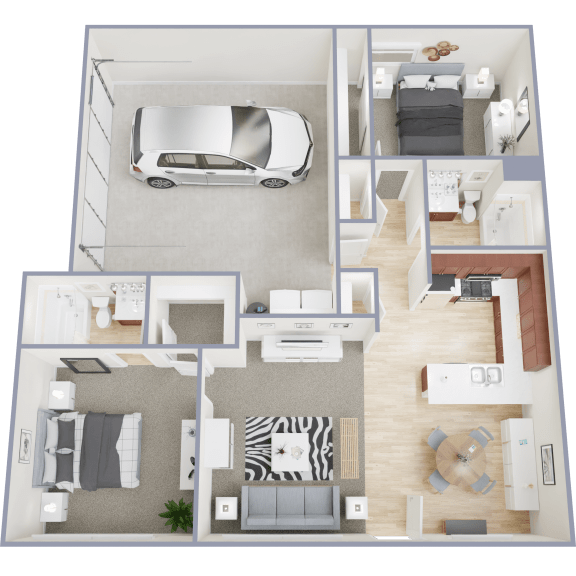 a floor plan of a two bedroom apartment with a car in the garage