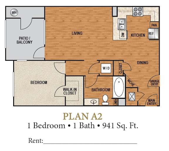 A 2 bedroom apartment with a living area, kitchen, and bathroom.