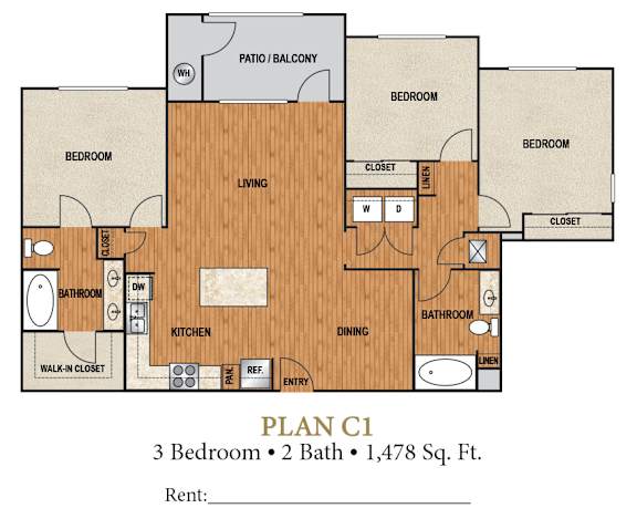 A floor plan for a 3 bedroom, 2 bathroom apartment.