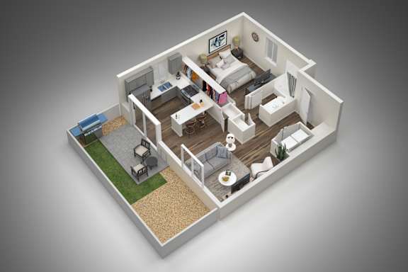 A 3D rendered image of a small apartment layout.