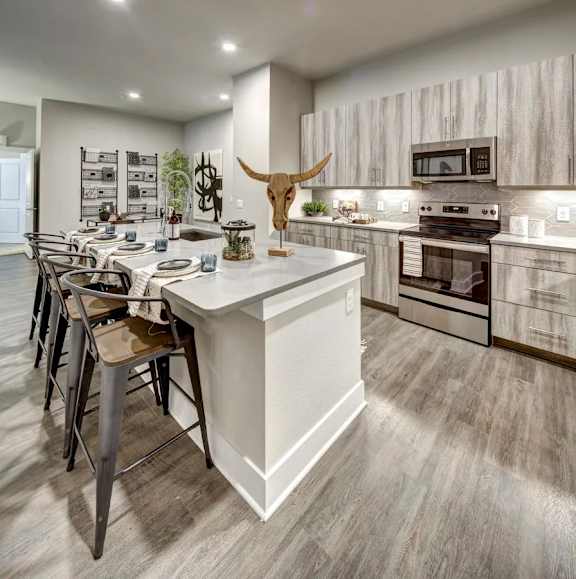 A modern kitchen with a white island and a cow skull as a decoration at Arise Riverside Apartments, Austin