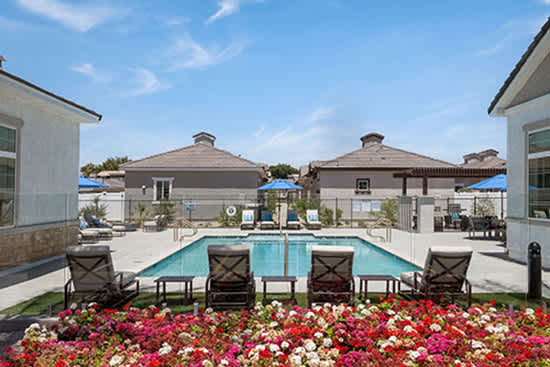 a swimming pool with chairs around it in a resort yard
