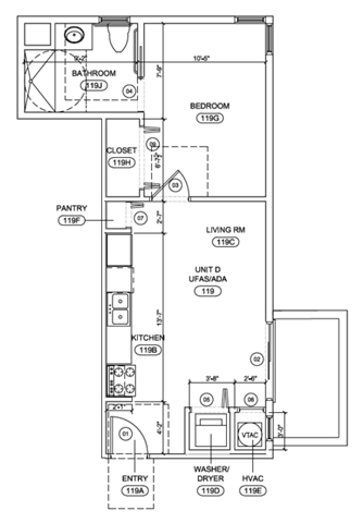 A floor plan of a living room, kitchen, and bathroom.