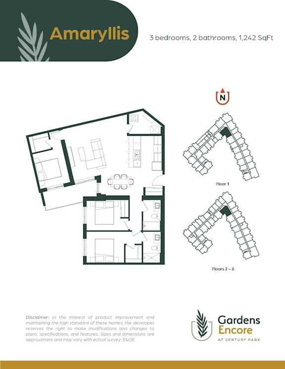 A floor plan for a property named Amaryllis shows three bedrooms, two bathrooms, and a total area of 1,242 square feet.