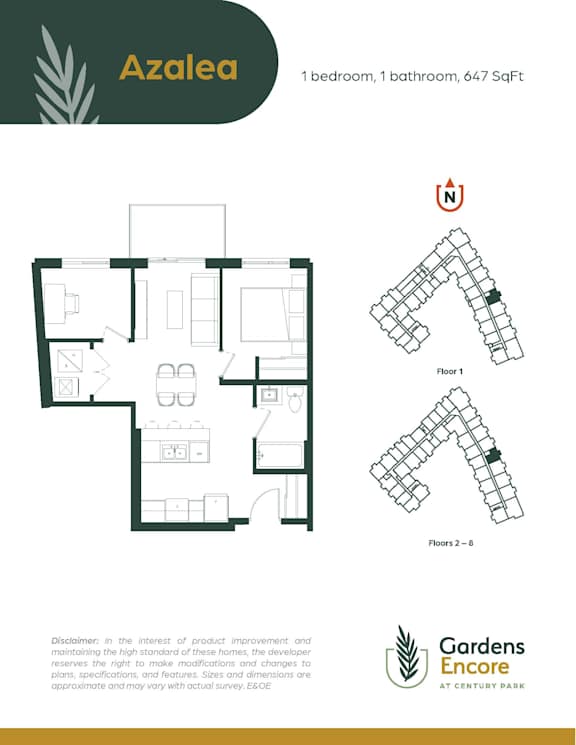A floor plan for a one bedroom, one bathroom apartment at Gardens Encore at Century Park.