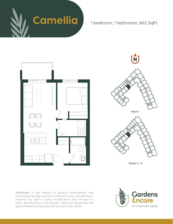 A floor plan for a property called Camellia shows a 1 bedroom, 1 bathroom apartment of 602 square feet.