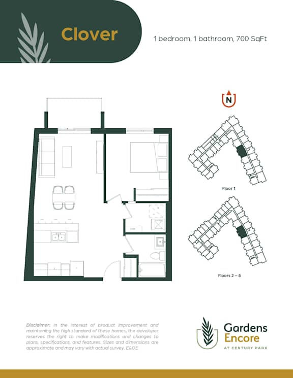 A floor plan for a property called Clover shows a 1 bedroom, 1 bathroom apartment of 700 SqFt.