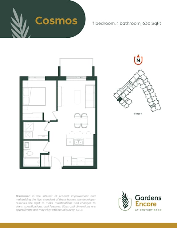 A floor plan for a property called Cosmos, which has 1 bedroom and 1 bathroom, is shown.