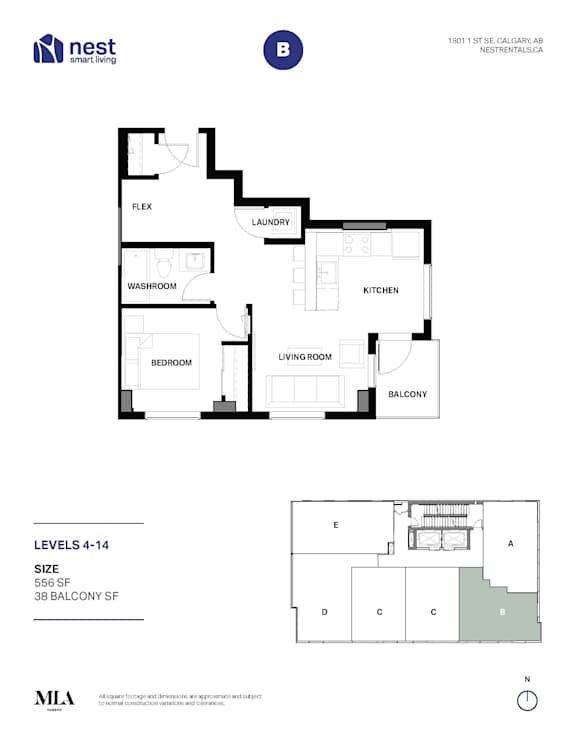 A floor plan for a Nest building shows a laundry room, a flex space, a washroom, a kitchen, a bedroom, a living room, and a balcony.