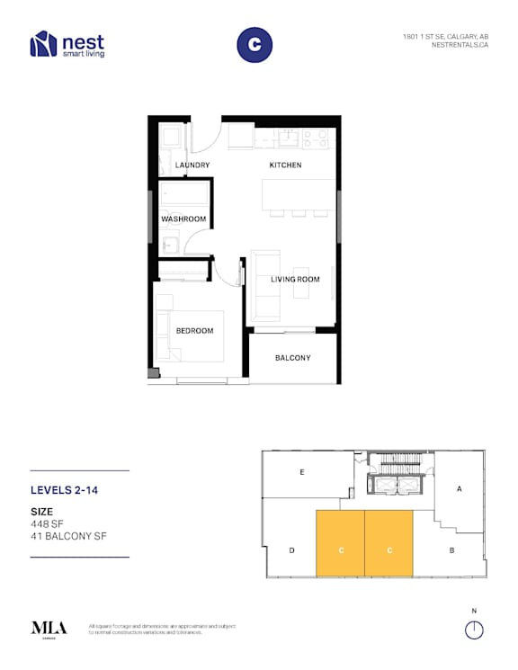 A floor plan for a Nest smart home, showing a living room, two bedrooms, a balcony, a laundry area, a kitchen, and a washroom.