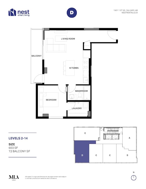A floor plan for a Nest home shows a living room, two bedrooms, a balcony, a laundry area, and a kitchen.