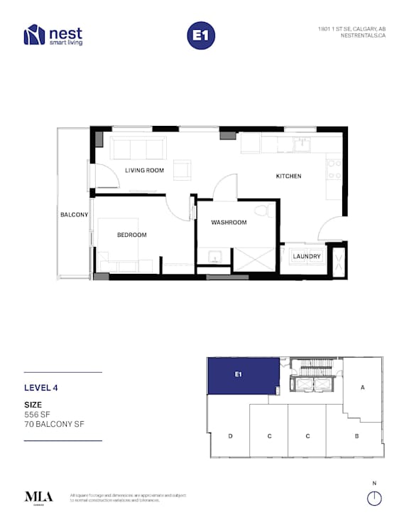 A floor plan for a nest home with a living room, kitchen, balcony, washroom, and laundry.