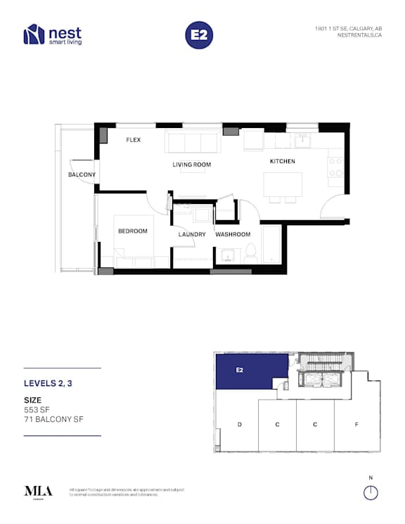 A floor plan for a Nest home with a living room, kitchen, and two bedrooms.