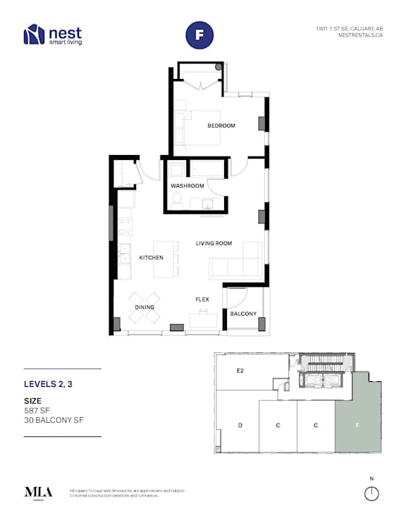 A floor plan for a Nest home shows a bedroom, a living room, a kitchen, a dining room, a washroom, a flex space, and a balcony.