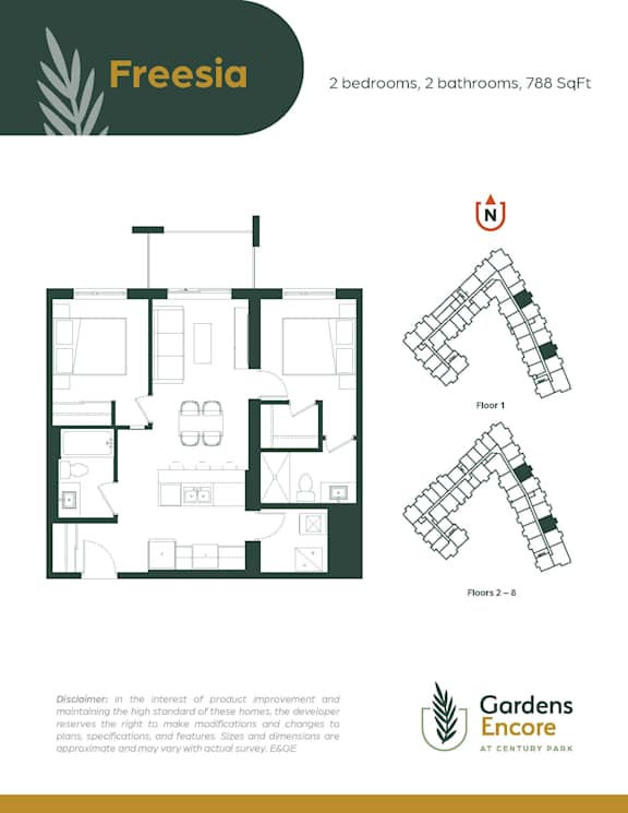 A Freesia floor plan shows a 2 bedroom, 2 bathroom apartment of 788 square feet.