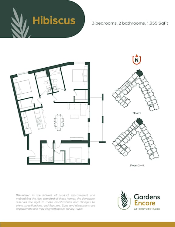 A floor plan for a property called Hibiscus shows three bedrooms and two bathrooms.