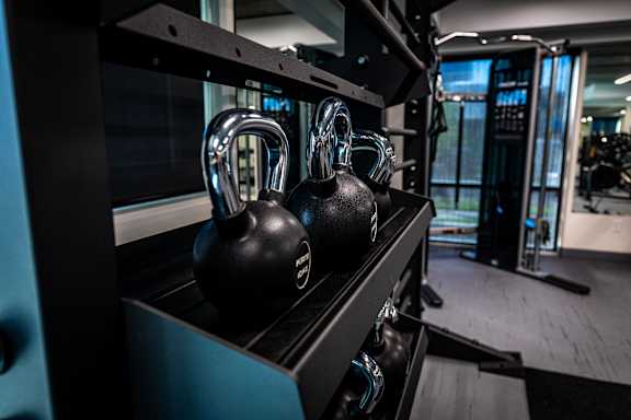 two black dumbbells on a rack in a gym