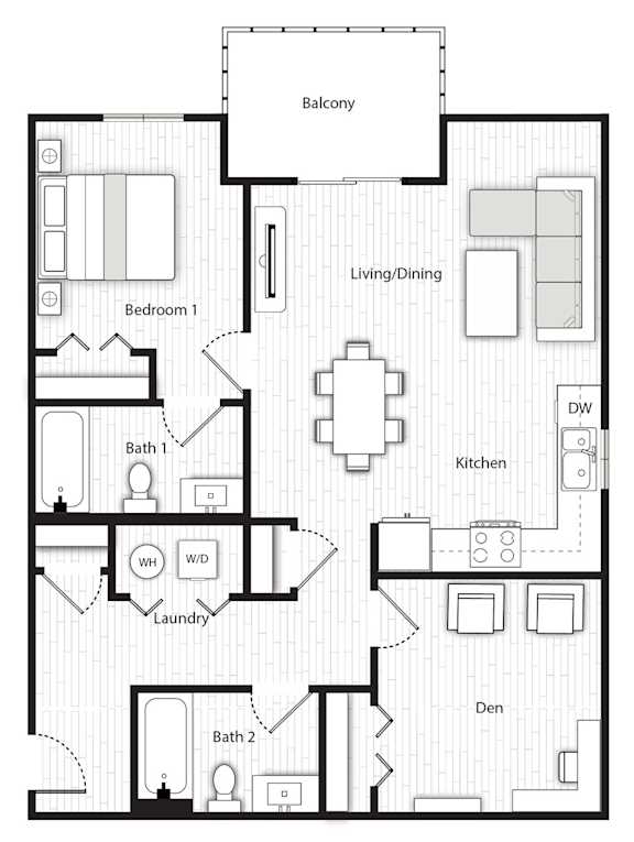 Floor Plan  A floor plan of a house with a balcony, two bathrooms, a laundry room, a kitchen, and a den.