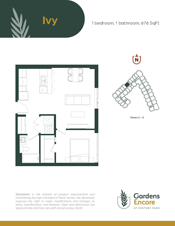 A floor plan for a one bedroom, one bathroom apartment at Gardens Encore at Century Park.