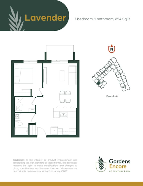A floor plan for a one bedroom, one bathroom apartment at Gardens Encore at Century Park.