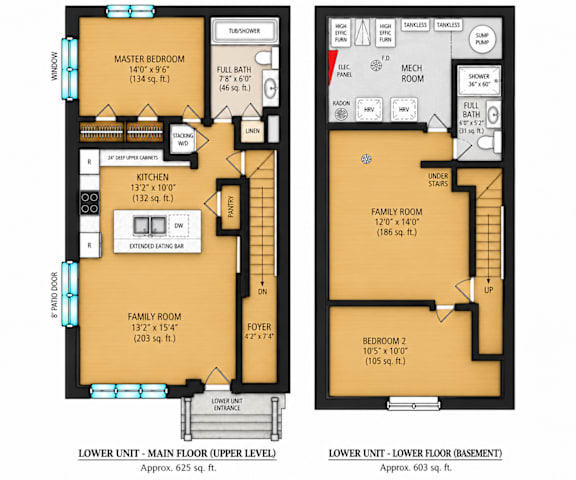 A floor plan of a two-story house with a master bedroom on the first floor and a family room on the second floor.