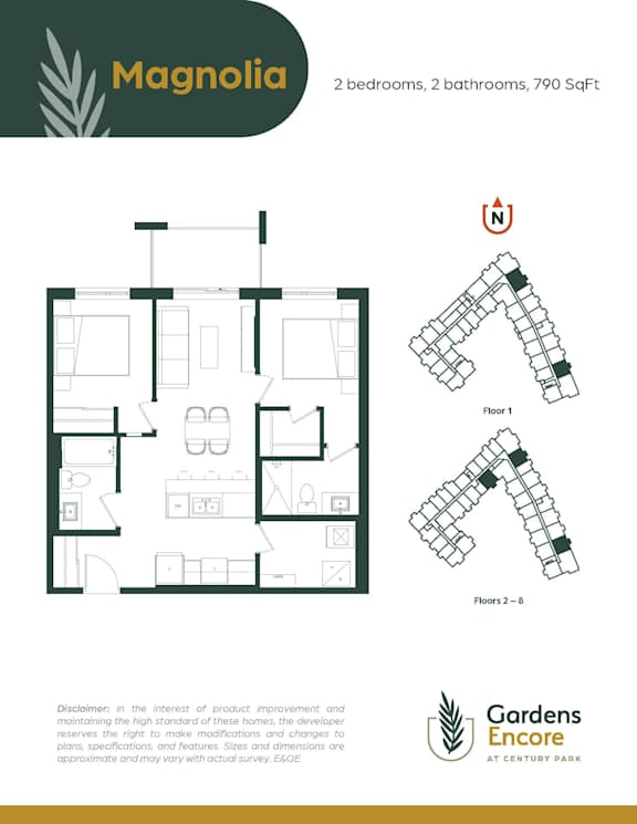 A floor plan for a property called Magnolia, which has 2 bedrooms, 2 bathrooms, and is 790 square feet.