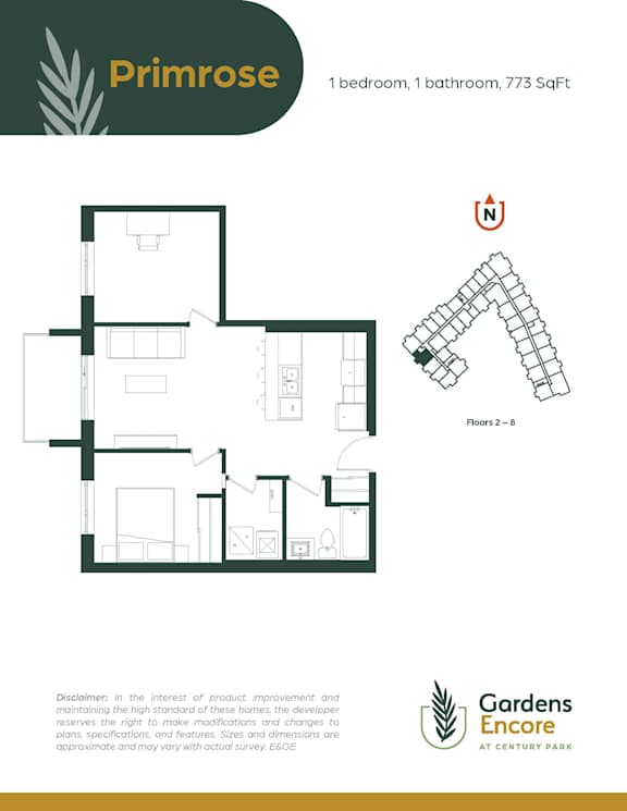 A floor plan for a one bedroom, one bathroom apartment of 773 square feet.