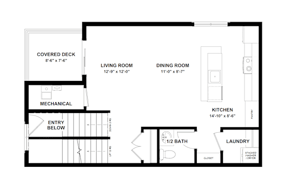 A floor plan of a house with a covered deck, living room, dining room, kitchen, bathroom, and laundry.